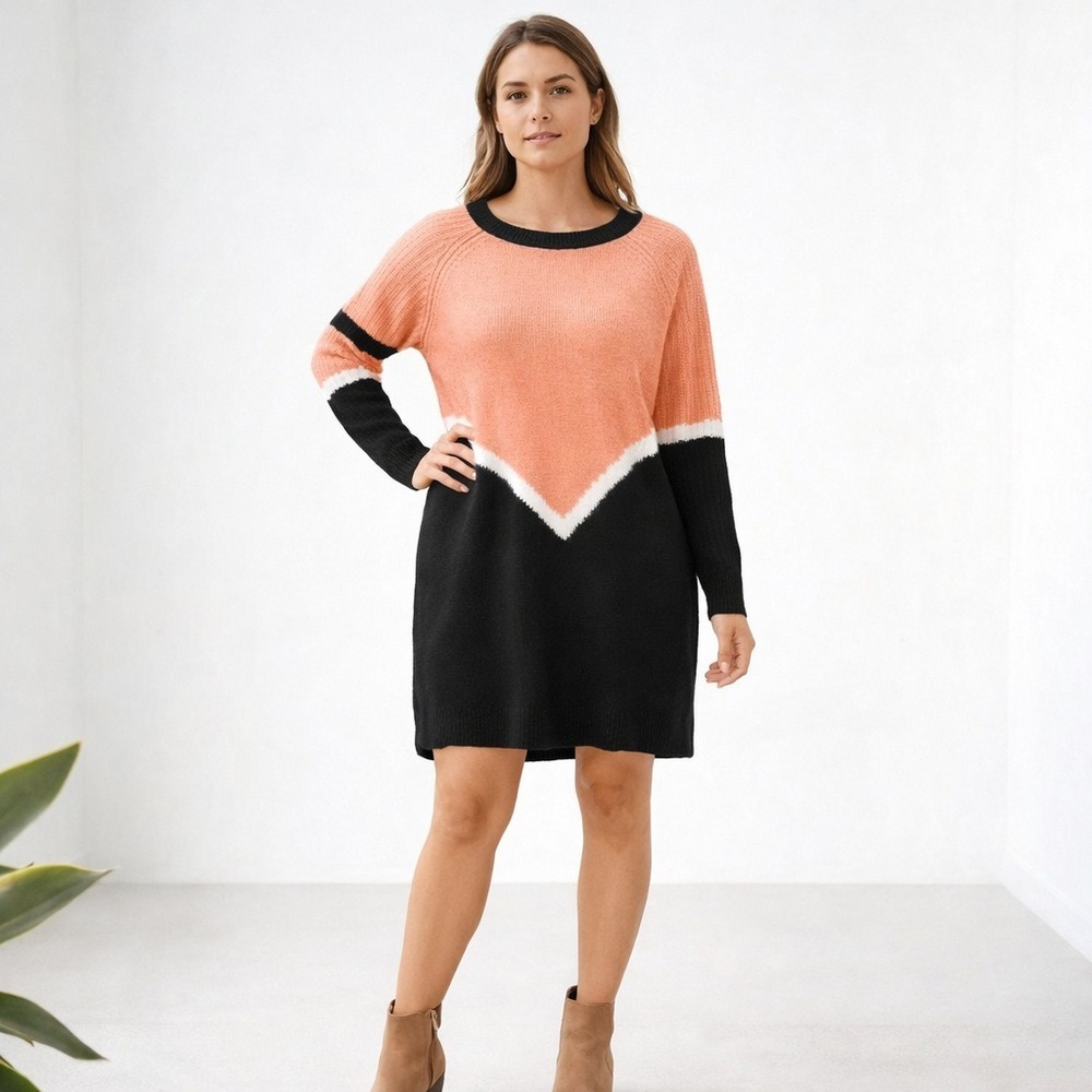 LuLaRoe Lauren Sweater Dress M Faux Cashmere Peach Black Colorblock Knit Casual